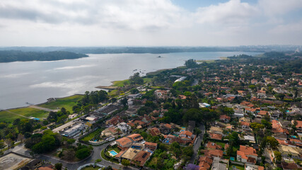 Aerial view of the Interlagos district. Beautiful houses and a view of the Guarapiranga dam