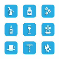 Set Wine glass, corkscrew, Olives branch, Location flag Italy, Coffee cup, Bottle wine, beans and bucket icon. Vector
