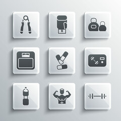 Set Bodybuilder muscle, Barbell, Fitness club, gym card, Vitamin pill, Bottle of water, Bathroom scales, Sport expander and Kettlebell icon. Vector