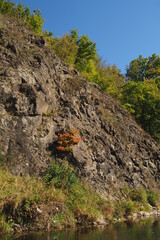 Strome skały nad rzeką jesienią - obrazy, fototapety, plakaty