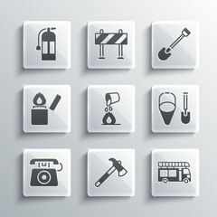 Set Firefighter axe, truck, shovel and bucket, Bucket extinguishing fire, Telephone call 911, Lighter, extinguisher and icon. Vector