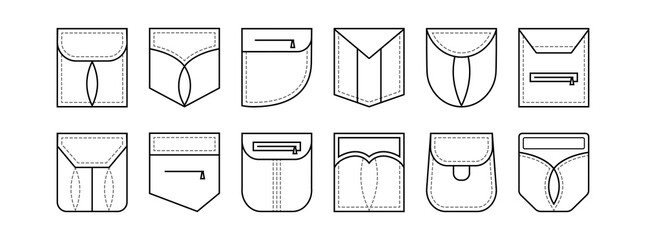 Patch pocket vector outline icon different shapes, seam lines, front view. Garment illustration