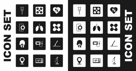Set Healed broken heart, Lungs, Emergency phone call, Crutch or crutches, Crossed bandage plaster, Pills in blister pack, Medical surgery scalpel and Sore throat icon. Vector