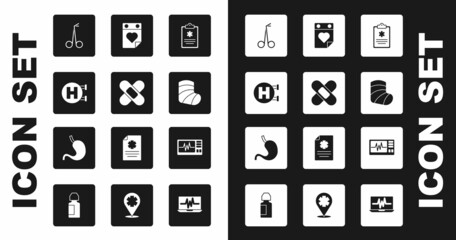 Set Clinical record, Crossed bandage plaster, Hospital signboard, Medical scissors, Gypsum, Doctor appointment, Monitor with cardiogram and Human stomach icon. Vector