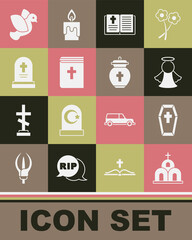 Set Church building, Coffin with cross, Angel, Holy bible book, Grave tombstone, Dove and Funeral urn icon. Vector