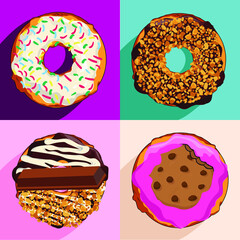 Set of cartoon colorful donuts isolated on background. Top View Doughnuts collection into glaze for menu design, cafe decoration, delivery box. vector illustration in flat style