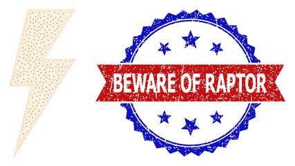 Beware of Raptor unclean seal, and electric spark icon triangular structure. Red and blue bicolor seal contains Beware of Raptor caption inside ribbon and rosette. Abstract flat mesh electric spark,