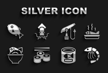 Set Sushi, Served fish on a plate, Shrimp, Canned, bowl, Fishing harpoon, Tropical and Octopus icon. Vector