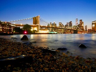 Naklejka na ściany i meble Dumbo, New York City, Brooklyn Bridge with World Trade Center Night View 