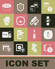 Set Digital door lock, Thermostat, Smart home with smart watch, Voice assistant, Robot vacuum cleaner, Mobile, Water sensor and Electric extension cord icon. Vector