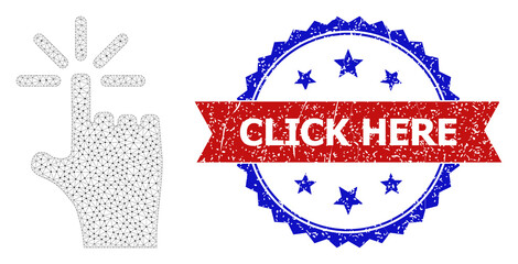 Click Here corroded stamp seal, and finger click icon mesh model. Red and blue bicolor stamp seal has Click Here caption inside ribbon and rosette. Abstract 2d mesh finger click,