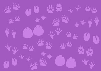 Vector background, tracks of various animals in purple tones