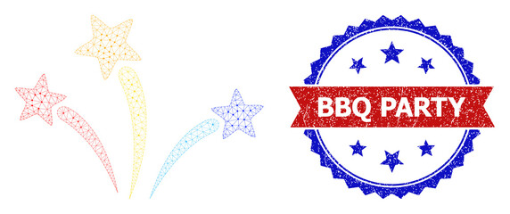 BBQ Party rubber stamp, and fireworks icon mesh structure. Red and blue bicolor stamp seal contains BBQ Party tag inside ribbon and rosette. Abstract 2d mesh fireworks, built from triangles.