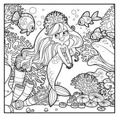 Cute coquettish mermaid girl in coral tiara speaks with fish outlined for coloring page on seabed with corals and algae background
