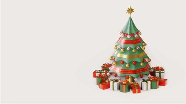 3D rendering animation of christmas tree, with gift boxes and star