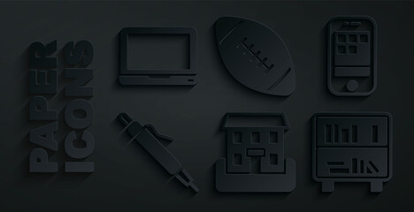Set School building, Smartphone, Pen, Shelf with books, American football ball and Laptop icon. Vector