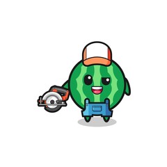 the woodworker watermelon mascot holding a circular saw