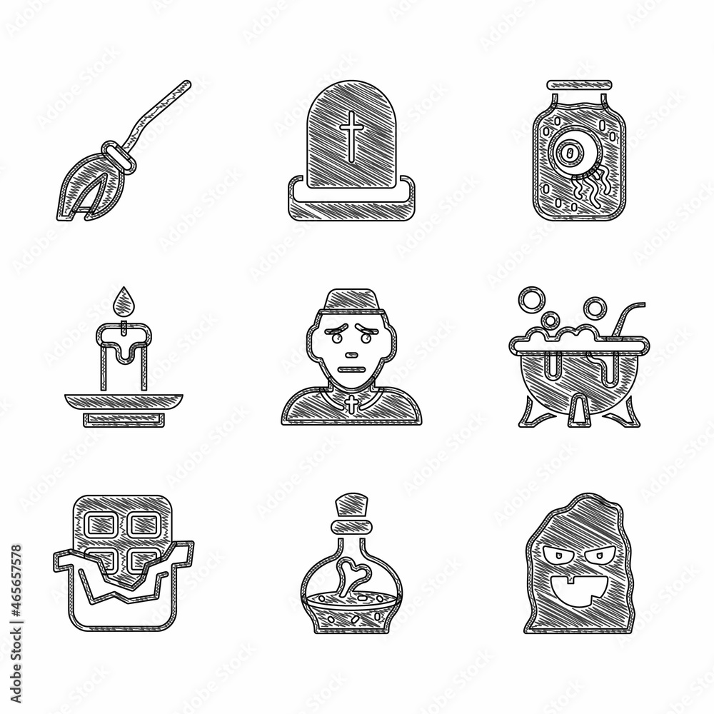 Sticker set priest, bottle with potion, funny and scary ghost mask, halloween witch cauldron, chocolate bar,