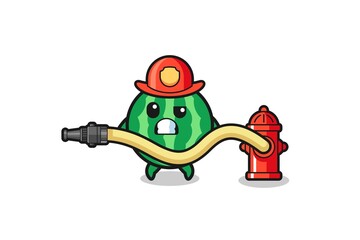 watermelon cartoon as firefighter mascot with water hose