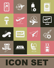 Set Suitcase, No scissors, Plane, water bottle, takeoff, Airport control tower, Mobile with ticket and Flight time icon. Vector