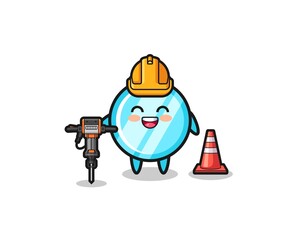road worker mascot of mirror holding drill machine