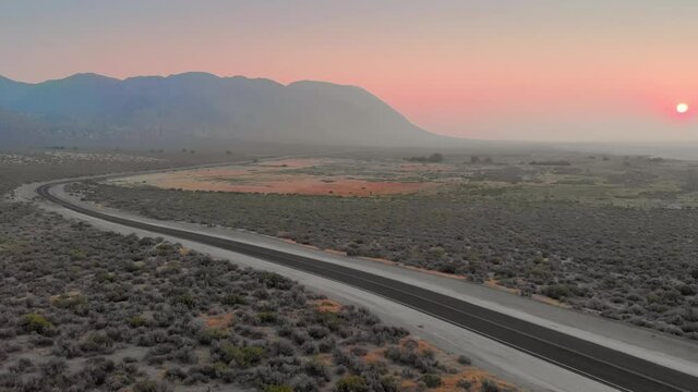 Aerial: Desert Highway And The Black Rock Desert, Home Of The Burning Man Festival, Gerlach, Nevada, USA