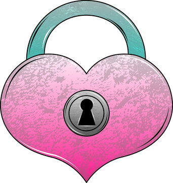 Beautiful pink heart shaped lock vector illustration with a grunge metallic brushed texture and vintage stylish design decorating a traditional keyhole located in the center