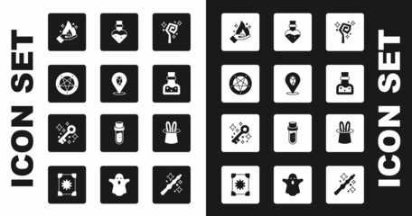Set Magic staff, stone, Pentagram in circle, Hand holding fire, Bottle with potion, Magician hat rabbit ears and Old magic key icon. Vector