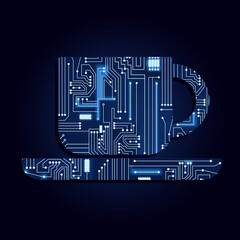 Tea cup symbol with a technological electronics circuit. Blue background.