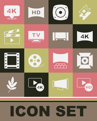 Set Hd movie, tape, frame, Movie spotlight, Screen tv with 4k, Stereo speaker, Smart Tv, clapper, Ultra HD and icon. Vector