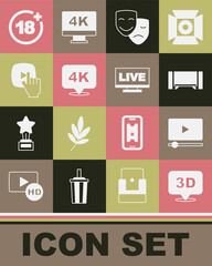 Set 3D word, Online play video, Smart Tv, Comedy and tragedy masks, 4k Ultra HD, Plus 18 movie and Live stream icon. Vector