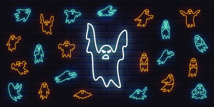 Collection of angry neon ghost images for halloween. Vector set. Editable color and brightness