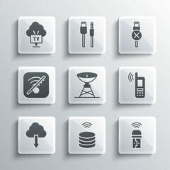 Set Smart data server, Usb wireless adapter, Mobile with wi-fi, Satellite dish, Cloud download, No Wi-Fi internet, Tv and usb cable cord icon. Vector