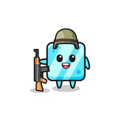 cute ice cube mascot as a soldier