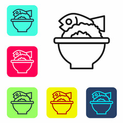 Black line Served fish on a bowl icon isolated on white background. Set icons in color square buttons. Vector