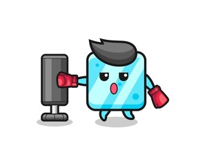 ice cube boxer cartoon doing training with punching bag