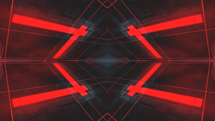 Abstract futuristic dark neon red background. Rays and lines, symmetrical reflection and dark space. Dark night futuristic scene. 3D illustration. 