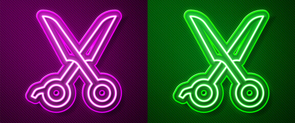 Glowing neon line Scissors hairdresser icon isolated on purple and green background. Hairdresser, fashion salon and barber sign. Barbershop symbol. Vector