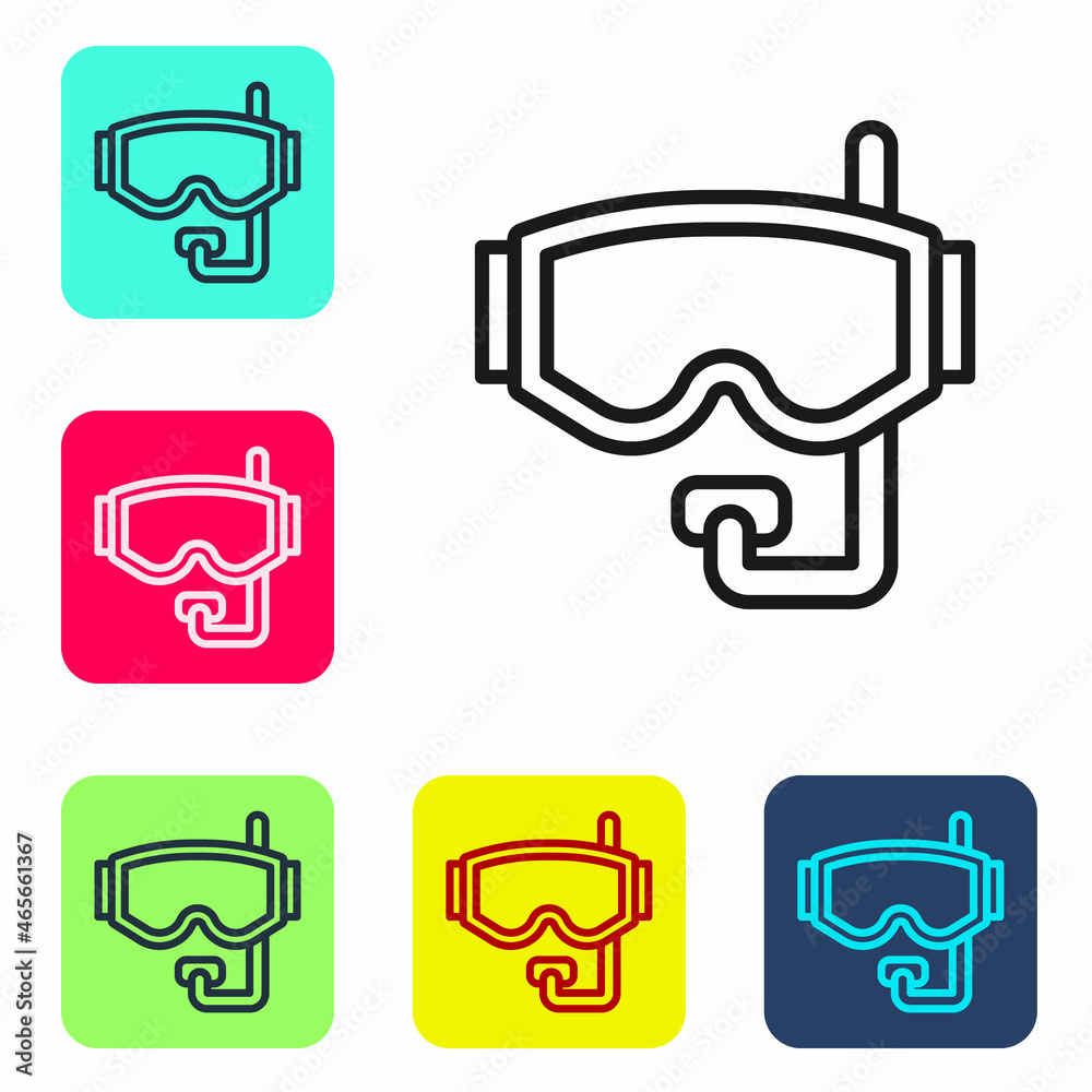 Sticker Black line Diving mask icon isolated on white background. Extreme sport. Diving underwater equipment. Set icons in color square buttons. Vector