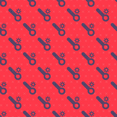 Blue line Meteorology thermometer measuring heat and cold icon isolated seamless pattern on red background. Thermometer equipment showing hot or cold weather. Vector