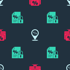Set Percent discount and monitor, Location with percent and Finance document lock on seamless pattern. Vector
