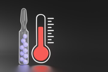 Glass ampoule of coronavirus vaccine with cartoon thermometer on black background. 3d rendering illustration