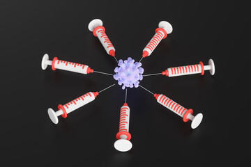 Cartoon syringes around the coronavirus model on a black background. Coronavirus vaccination concept. 3d render illustration.