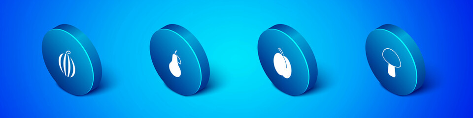 Set Isometric Watermelon, Plum fruit, Mushroom and Pear icon. Vector