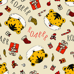 Pattern with cute tiger character with new year elements. Gift, christmas tree, hat, surprise, box.