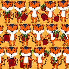 Pattern with cute tiger character with new year elements. Gift, christmas tree, hat, surprise, box.