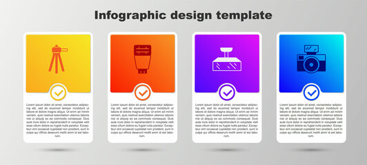 Set Tripod, Photo camera flash, Softbox light and with. Business infographic template. Vector