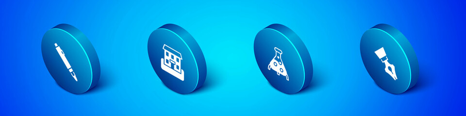 Set Isometric Marker pen, Test tube and flask, Fountain nib and School building icon. Vector