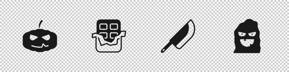 Set Pumpkin, Chocolate bar, Knife and Funny and scary ghost mask icon. Vector