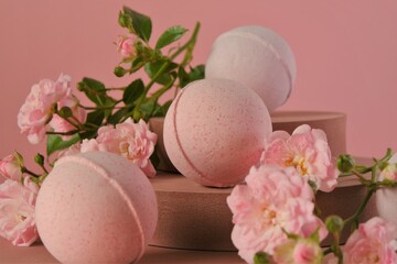 Bath bombs with rose extract. cosmetics with rose extract. Beauty and aromatherapy..Flower Bath...
